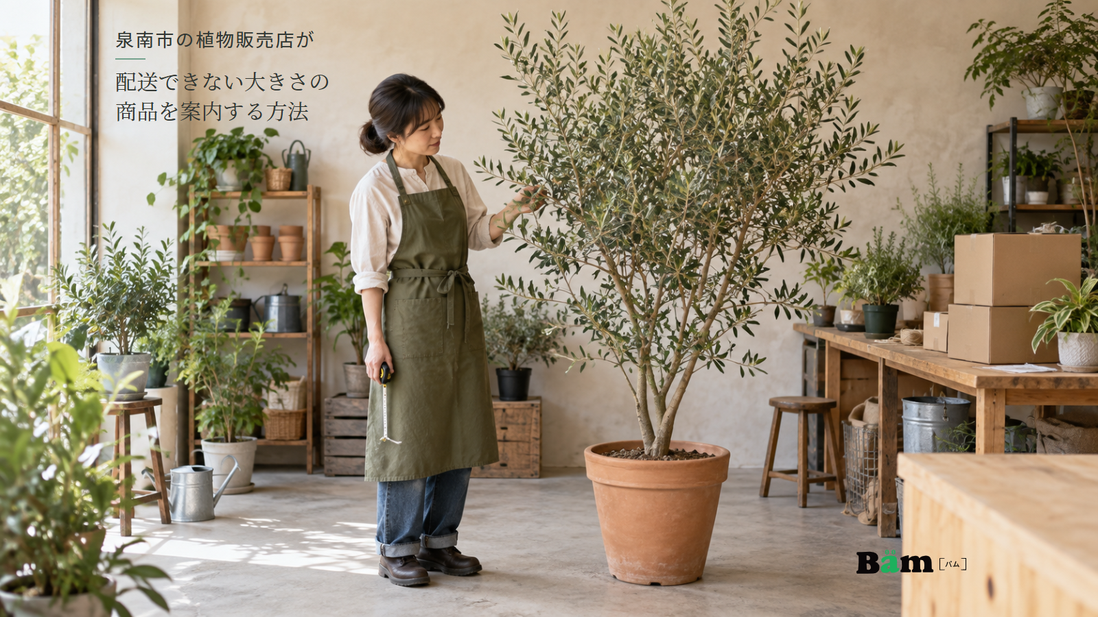 泉南市の植物販売店が配送できない大きさの商品を案内する方法という全文タイトル、大きな鉢植えの枝を確認する女性と巻尺、小鉢や梱包箱、右下のBämロゴ