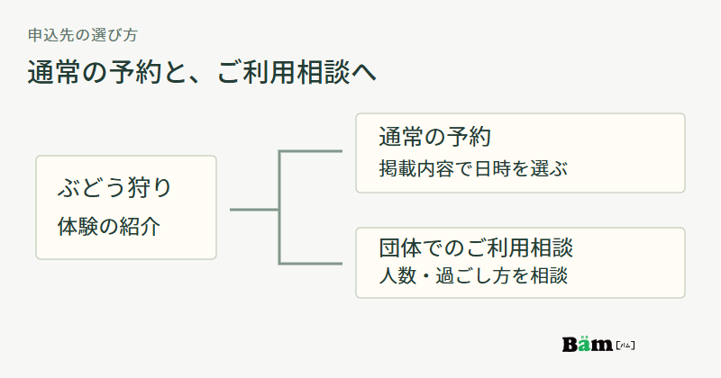 ぶどう狩りの体験紹介から、掲載内容で日時を選ぶ通常予約と、人数や過ごし方を相談する団体利用へ分かれる図