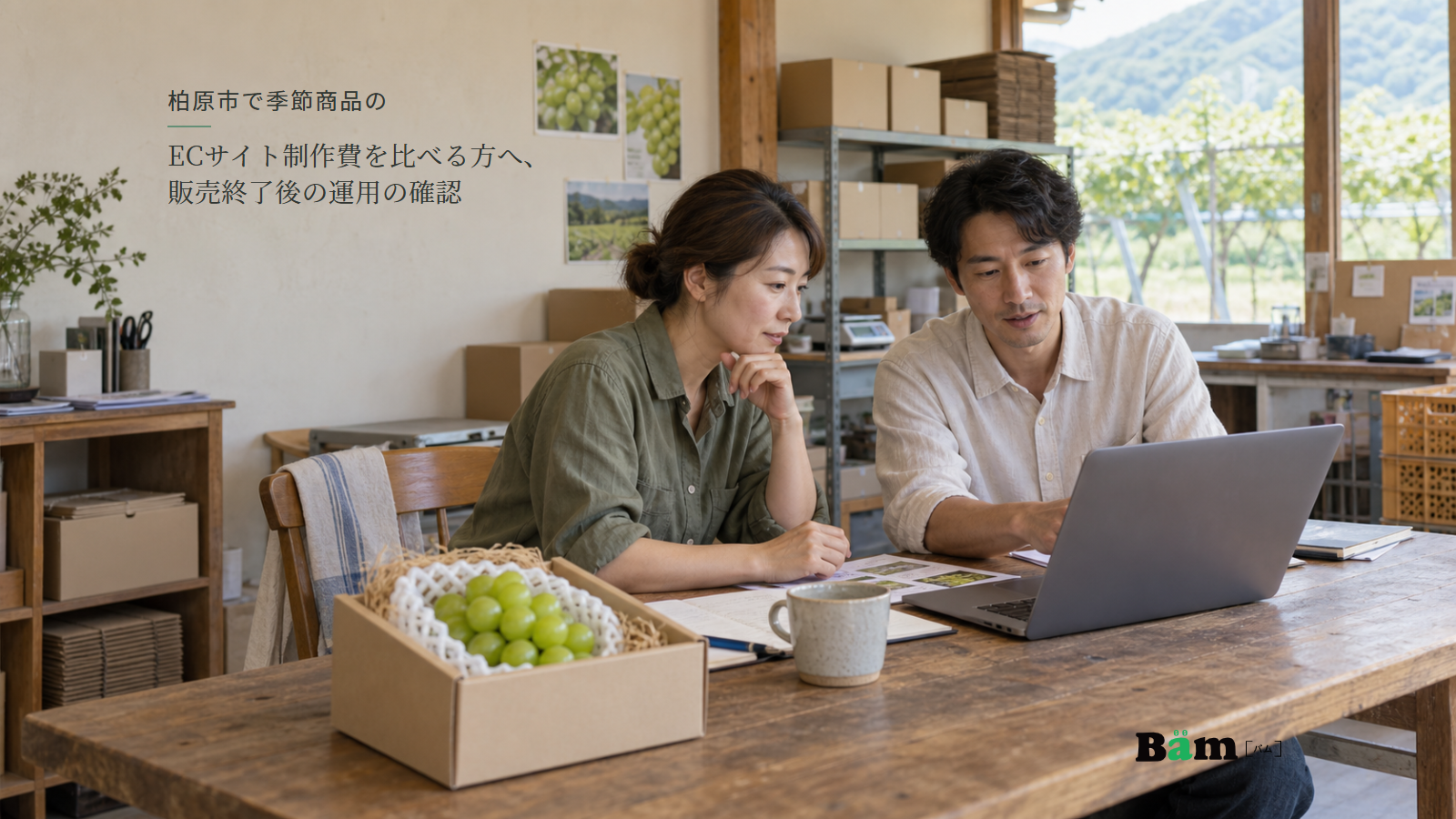 柏原市で季節商品のECサイト制作費を比べる方へ、販売終了後の運用の確認という全文タイトル、ぶどうの箱と資料を前に通販の運用を相談する農園の方と制作担当、右下のBämロゴ