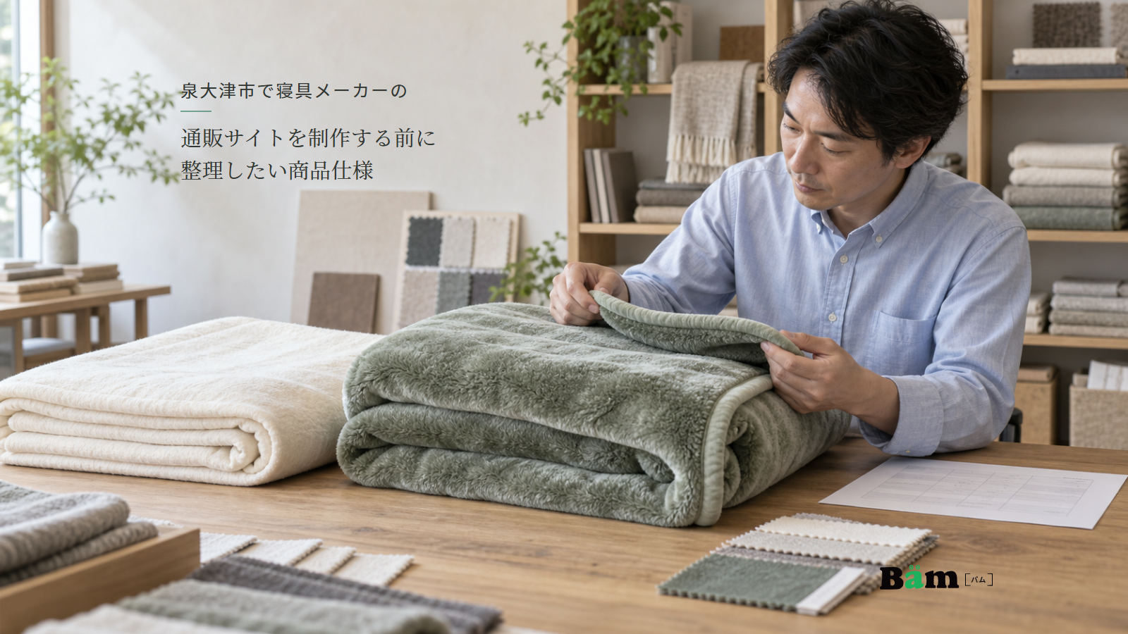 泉大津市で寝具メーカーの通販サイトを制作する前に整理したい商品仕様という全文タイトル、二種類の毛布の縁と資料を確認する担当者、右下のBämロゴ