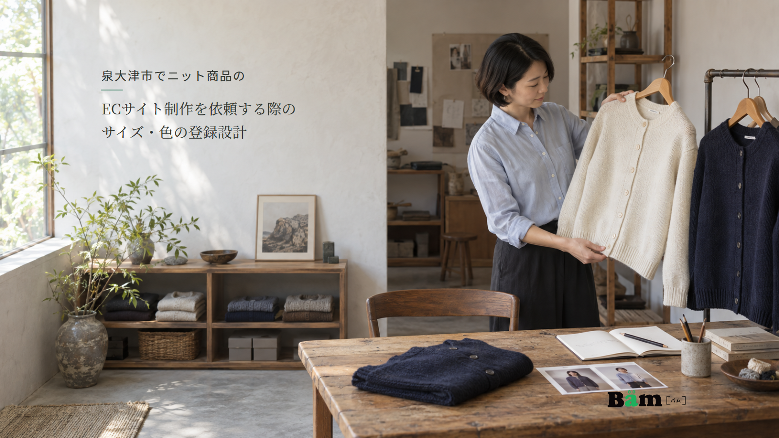 泉大津市でニット商品のECサイト制作を依頼する際のサイズ・色の登録設計という全文タイトル、二色のカーディガンと商品写真を確認する担当者、右下のBämロゴ