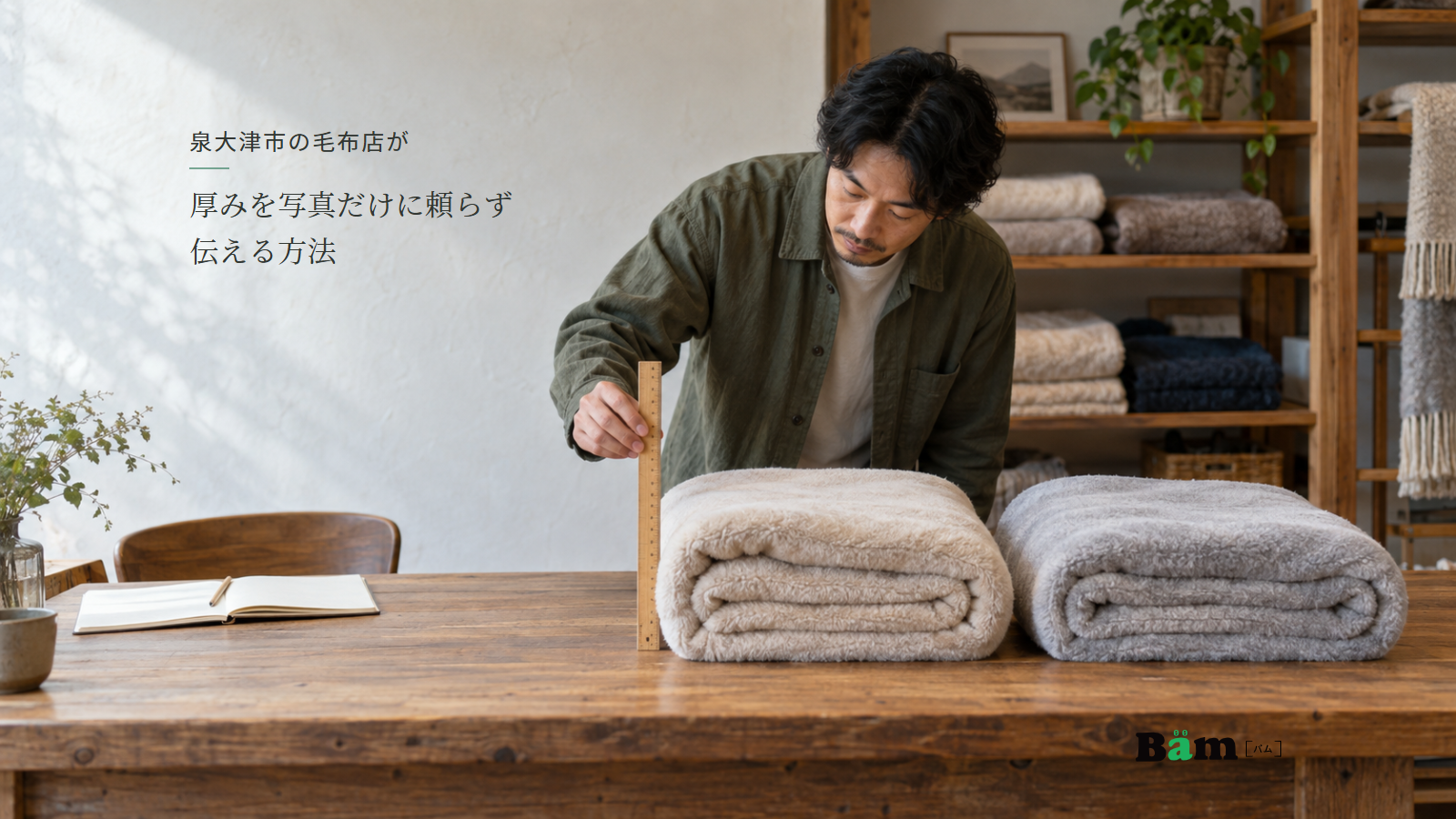 泉大津市の毛布店が厚みを写真だけに頼らず伝える方法という全文タイトル、二つの折った毛布と定規で高さを確認する担当者、右下のBämロゴ
