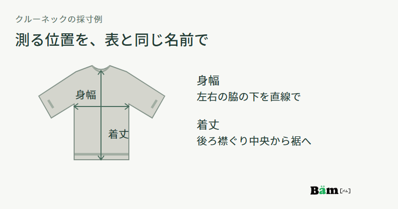 ニットの背面図で、左右の脇の下を結ぶ身幅と後ろ襟ぐり中央から裾までの着丈を矢印で示した採寸例