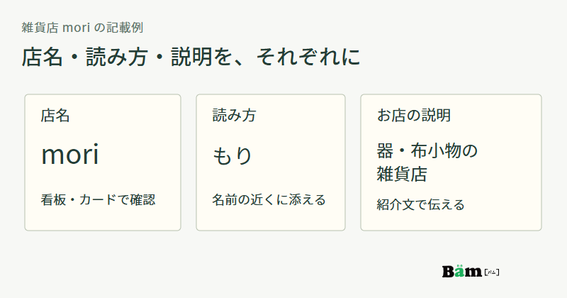 店名mori、読み方もり、お店の説明である器・布小物の雑貨店を三つの役割に分けた図