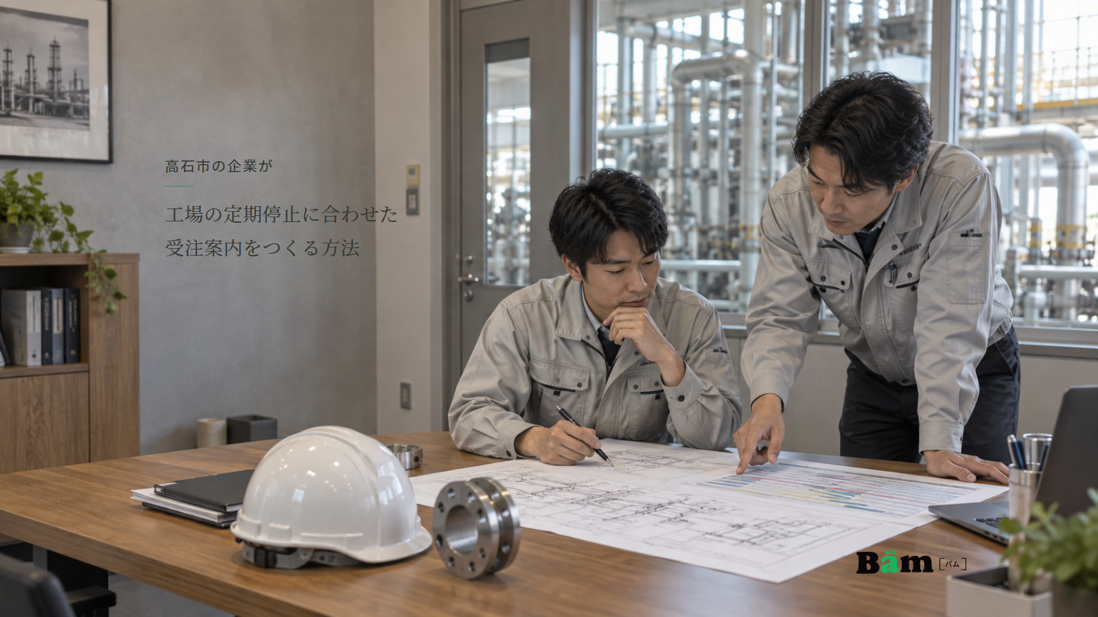 工場の事務室で二人が配管図と工程表を確認し、机にフランジとヘルメットがある場面、高石市の企業が工場の定期停止に合わせた受注案内をつくる方法の全文タイトル、右下のBämロゴ