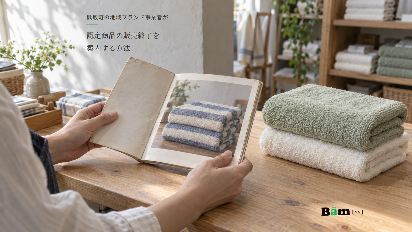 縞柄タオルが載った古いカタログと机上の無地タオルを見比べる手元、熊取町の地域ブランド事業者が認定商品の販売終了を案内する方法の全文タイトル、右下のBämロゴ
