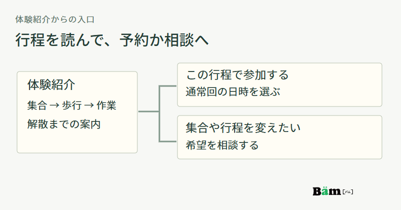 集合から解散までの体験紹介を読み、その行程で参加する方は通常回の日時選択へ、集合や行程を変えたい方は相談へ進む図