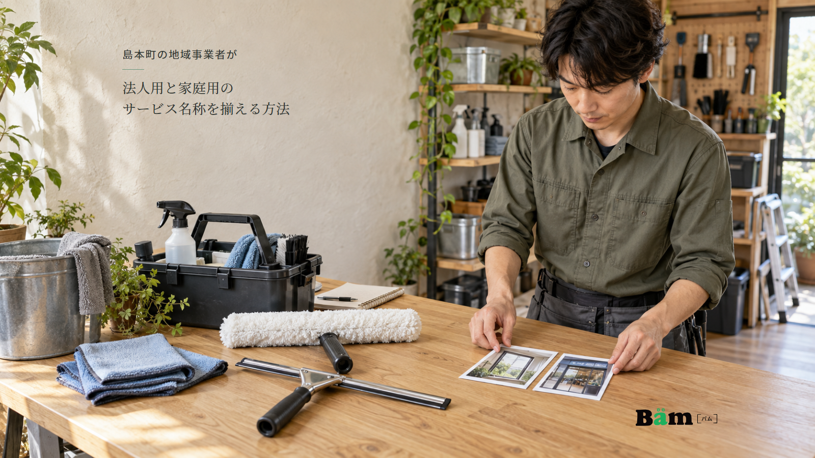 窓清掃の担当者がスクイージーや布を置いた作業台で、住まいと店舗の窓写真を確認する場面、島本町の地域事業者が法人用と家庭用のサービス名称を揃える方法の全文タイトル、右下のBämロゴ