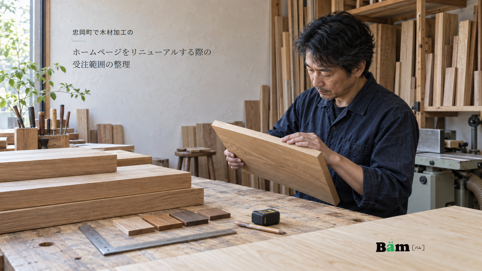 木工作業場で担当者が棚板の加工面を確認し、作業台に木材見本や差し金を置いた場面、忠岡町で木材加工のホームページをリニューアルする際の受注範囲の整理の全文タイトル、右下のBämロゴ