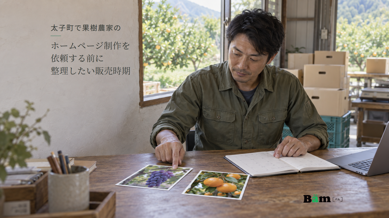 果樹農家が机の上のぶどうとみかんの写真を季節のノートと見比べ、背後に発送箱と窓越しの果樹が見える場面、太子町で果樹農家のホームページ制作を依頼する前に整理したい販売時期の全文タイトル、右下のBämロゴ