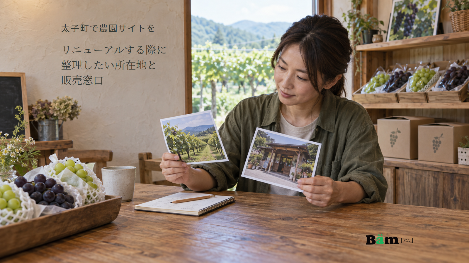 農園主がぶどう畑と直売所の外観写真を見比べ、木の机にノート、売場にぶどうと発送箱が並ぶ場面、太子町で農園サイトをリニューアルする際に整理したい所在地と販売窓口の全文タイトル、右下のBämロゴ
