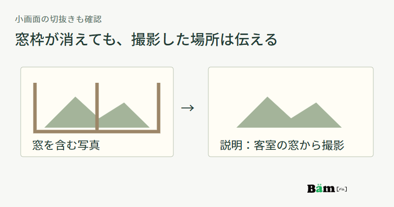 窓から見た写真を切り抜いて風景だけになった場合にも、客室の窓から撮影という説明を残す図