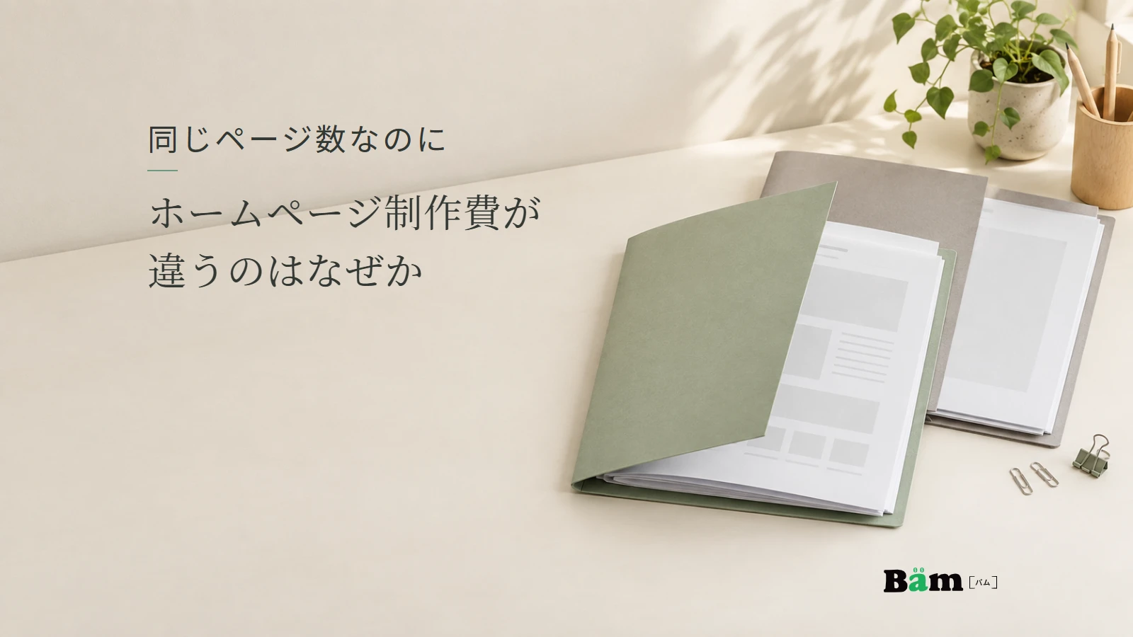 ページ構成を示す書類が入った二つの資料フォルダー。同じページ数なのにホームページ制作費が違うのはなぜかの全文タイトルと正式Bämロゴ。