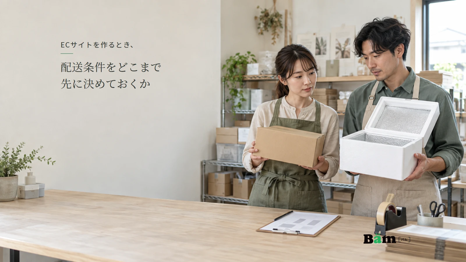通常の段ボール箱と保冷用の箱を梱包台で確認する通販担当者の説明用写真。全文タイトルと正式Bämロゴを配置。