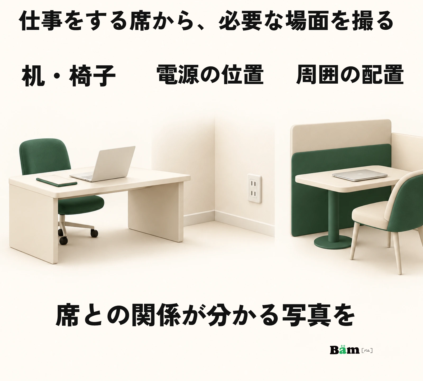 仕事席の机と椅子、電源の位置、周囲の配置を確認する図